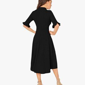Black Ribbed Ruffle Half Sleeve A Line Dresses Fit & Flare Midi Dress | Size XL